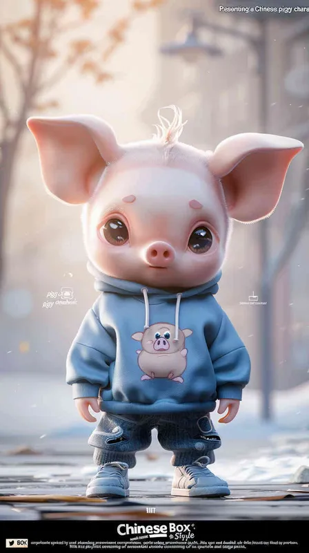 Blind Box Style Chinese piggy character, featuring prominent, captivating eyes and endearing chibi-like proportions, is adorned with delicate facial features. Sporting a sports hoodie, baggy pants, this character is set against a clean background exuding natural light in stunning 8K resolution, ensuring the utmost visual quality. - style2部分