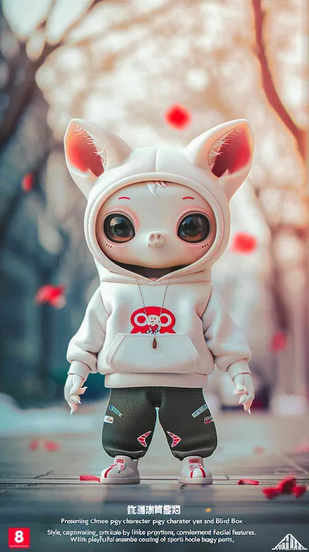 Blind Box Style Chinese piggy character, featuring prominent, captivating eyes and endearing chibi-like proportions, is adorned with delicate facial features. Sporting a sports hoodie, baggy pants, this character is set against a clean background exuding natural light in stunning 8K resolution, ensuring the utmost visual quality. - style3部分