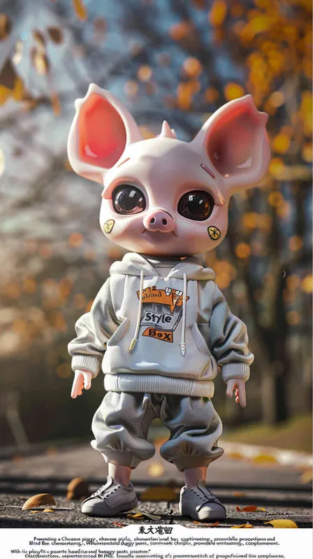 Blind Box Style Chinese piggy character, featuring prominent, captivating eyes and endearing chibi-like proportions, is adorned with delicate facial features. Sporting a sports hoodie, baggy pants, this character is set against a clean background exuding natural light in stunning 8K resolution, ensuring the utmost visual quality. - style4部分