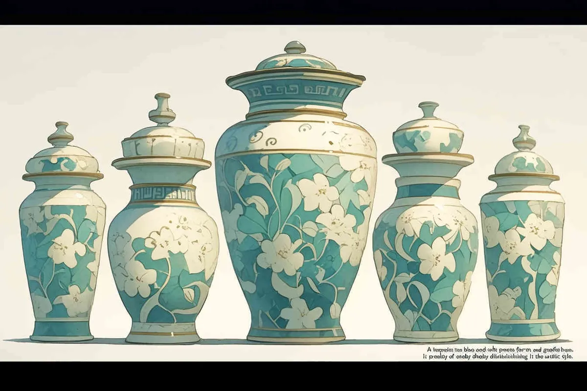 turquoise blue and white porcelain vase, with a simple shape and elegant colors. It features meticulous illustrations and flat illustrations, without any light or shadow, and lacks a sense of three dimensionality，the style of jane newland , valentine penrose , Mounted scroll , Chinese scroll , Stripe pattern - style1部分