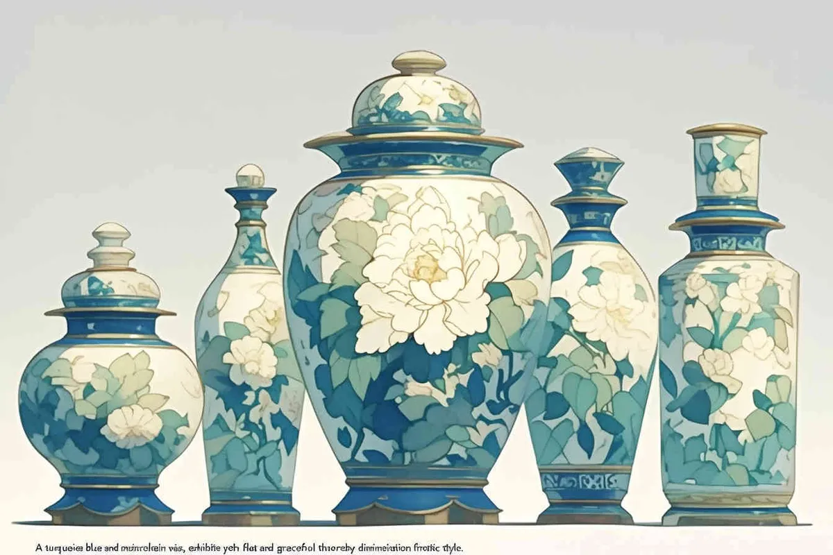  turquoise blue and white porcelain vase, with a simple shape and elegant colors. It features meticulous illustrations and flat illustrations, without any light or shadow, and lacks a sense of three dimensionality，the style of jane newland , valentine penrose , Mounted scroll , Chinese scroll , Stripe pattern - style2部分