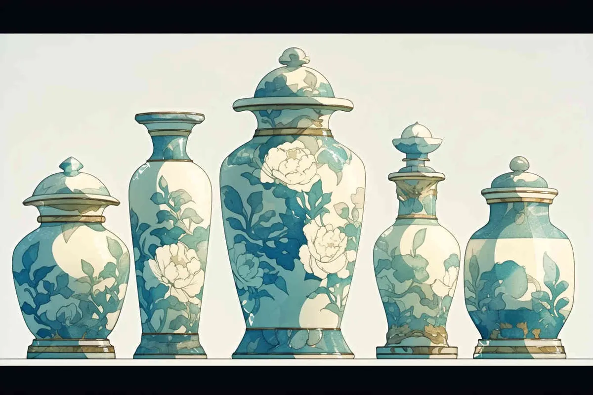  turquoise blue and white porcelain vase, with a simple shape and elegant colors. It features meticulous illustrations and flat illustrations, without any light or shadow, and lacks a sense of three dimensionality，the style of jane newland , valentine penrose , Mounted scroll , Chinese scroll , Stripe pattern - style3部分