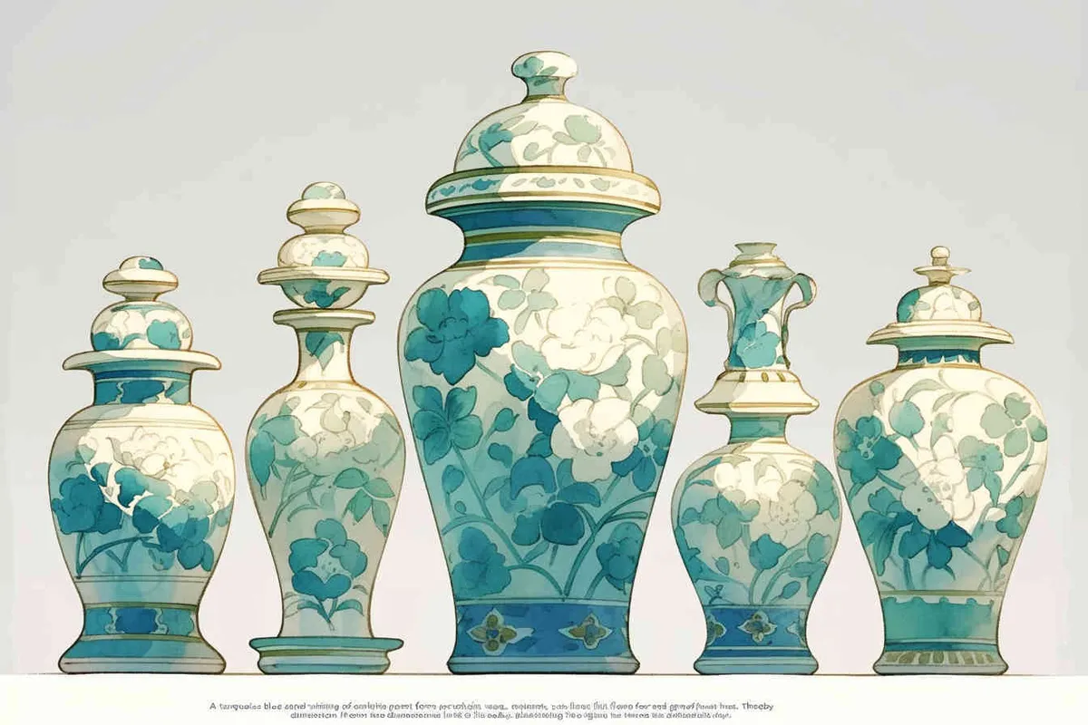  turquoise blue and white porcelain vase, with a simple shape and elegant colors. It features meticulous illustrations and flat illustrations, without any light or shadow, and lacks a sense of three dimensionality，the style of jane newland , valentine penrose , Mounted scroll , Chinese scroll , Stripe pattern - style4部分