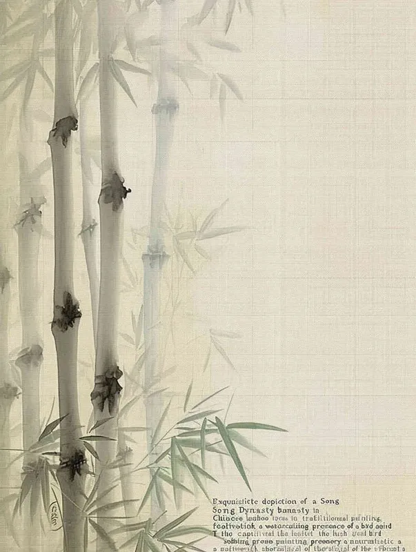 Fine Chinese ink and watercolour painting of a bamboo forest in the Song Dynasty , with a bird in the background , naturalistic depiction of flora and fauna , green and blue colours , Ruan paintings , historical paintings - style2部分