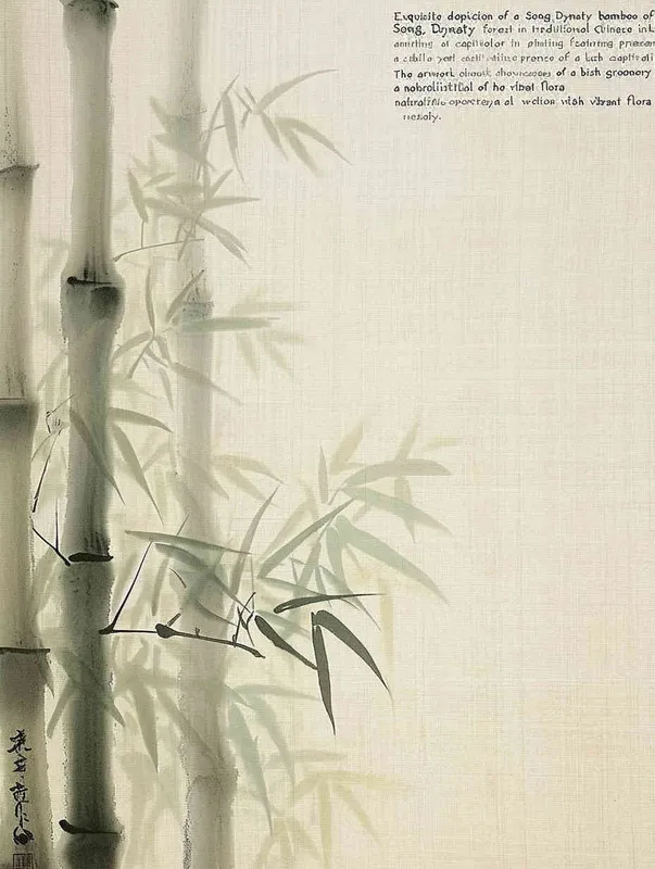 Fine Chinese ink and watercolour painting of a bamboo forest in the Song Dynasty , with a bird in the background , naturalistic depiction of flora and fauna , green and blue colours , Ruan paintings , historical paintings - style4部分