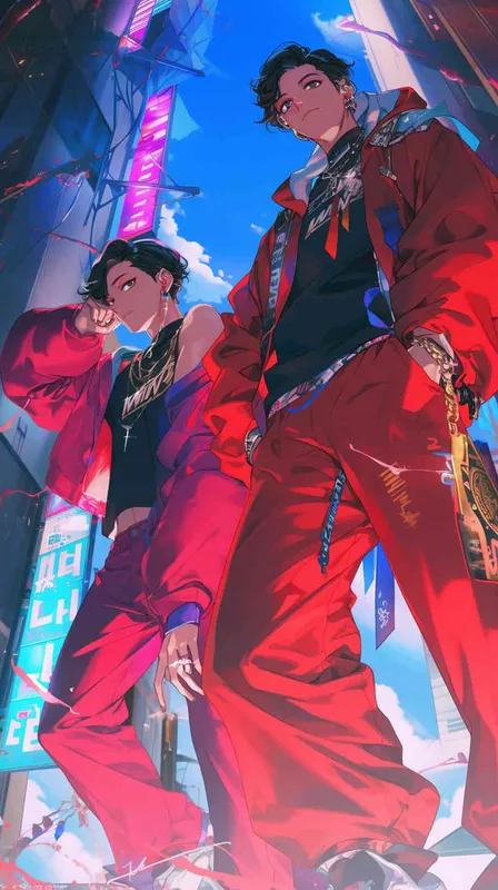 Explore the captivating world of South Korean manga-style illustration, where a couple stands side by side, facing the camera. They are dressed head to toe in striking, colorful matching outfits, showcasing the prominent “WIN3” logo of the clothing brand. The design exudes a cool and stylish vibe. The backdrop consists of a blurred cyberpunk cityscape, adding an element of mystique and allure to the scene. – AI绘画作品展示 | Midjourney中文版生成