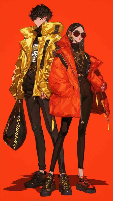 Explore the captivating world of South Korean manga-style illustration, where a couple stands side by side, facing the camera. They are dressed head to toe in striking, colorful matching outfits, showcasing the prominent 