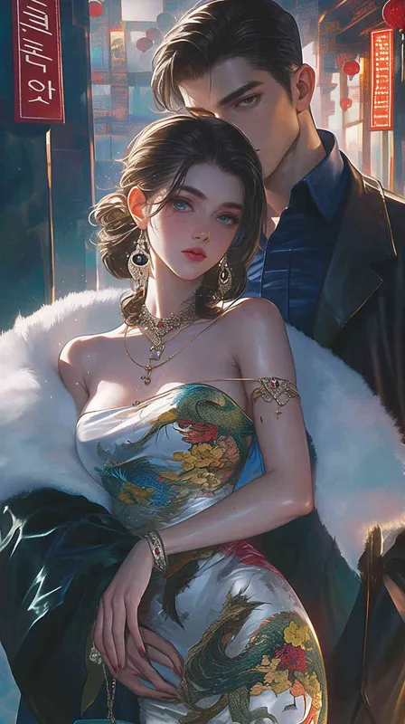 Explore the captivating world of South Korean manga-style illustration, where a couple stands side by side, facing the camera. They are dressed head to toe in striking, colorful matching outfits, showcasing the prominent 