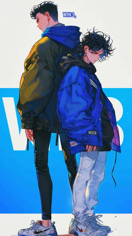井上雄彦的漫画风格，一对情侣，人物背靠背，回眸正面全身，穿着潮牌服装，很酷，logo是“WIN3”很醒目，设计感很强，背景纯色 - style1部分