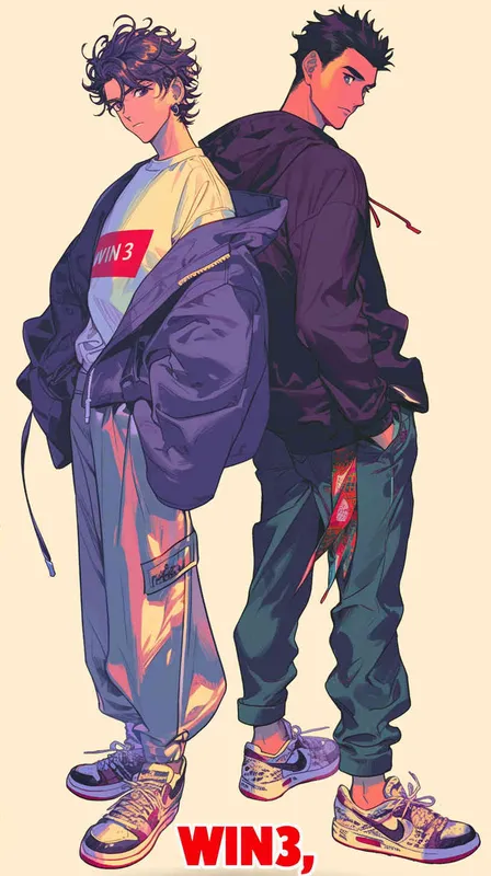 井上雄彦的漫画风格，一对情侣，人物背靠背，回眸正面全身，穿着潮牌服装，很酷，logo是“WIN3”很醒目，设计感很强，背景纯色 - style3部分