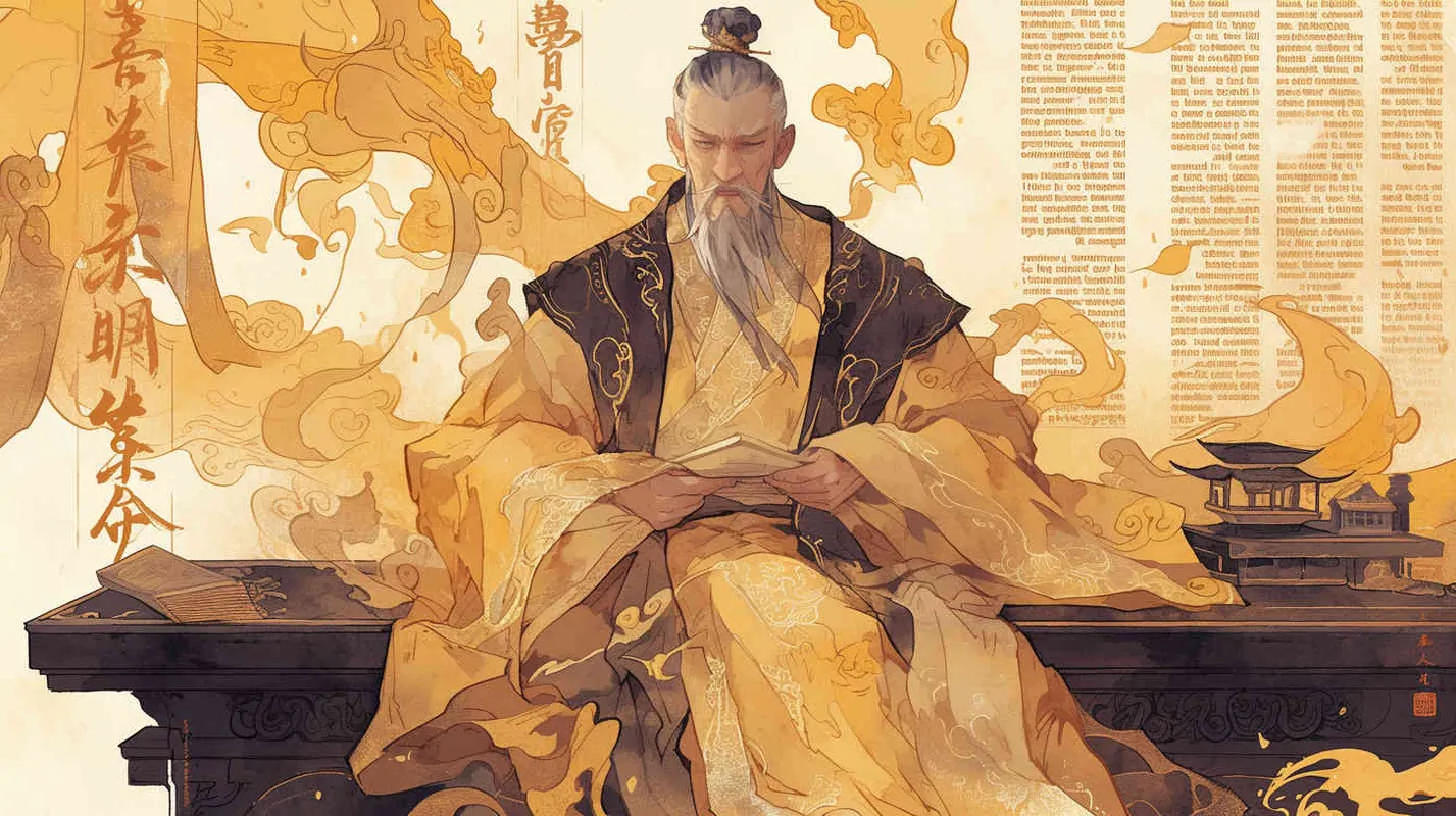 一位远古时期的部落首领黄帝，身穿黄袍，眉清目秀，他虽身处高位，但从不以最高统治者自居，与民同甘共苦，共患难 - style1部分