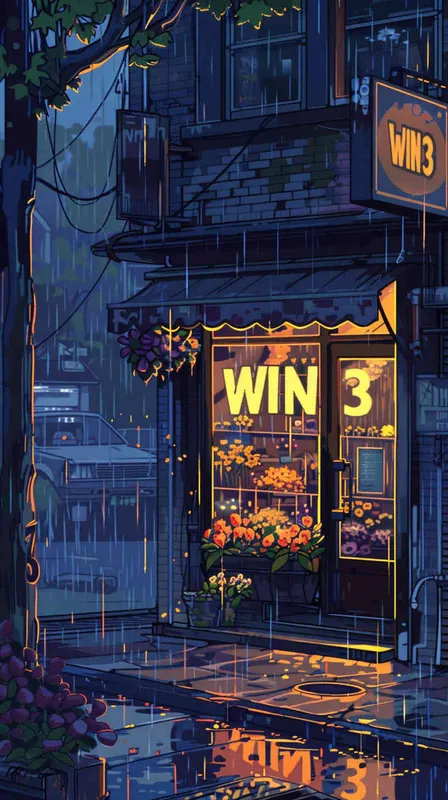 16-bit pixel art, outside of Flower Shop on rainy day,The Flower shop's eye-catching sign reads 