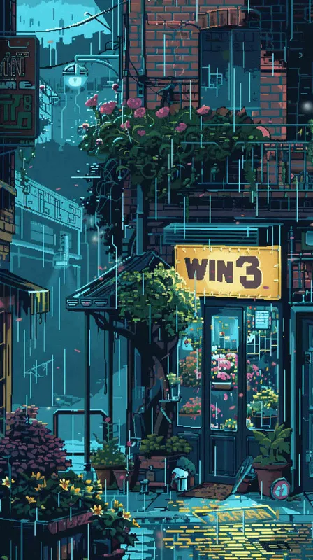 16-bit pixel art, outside of Flower Shop on rainy day,The Flower shop's eye-catching sign reads 