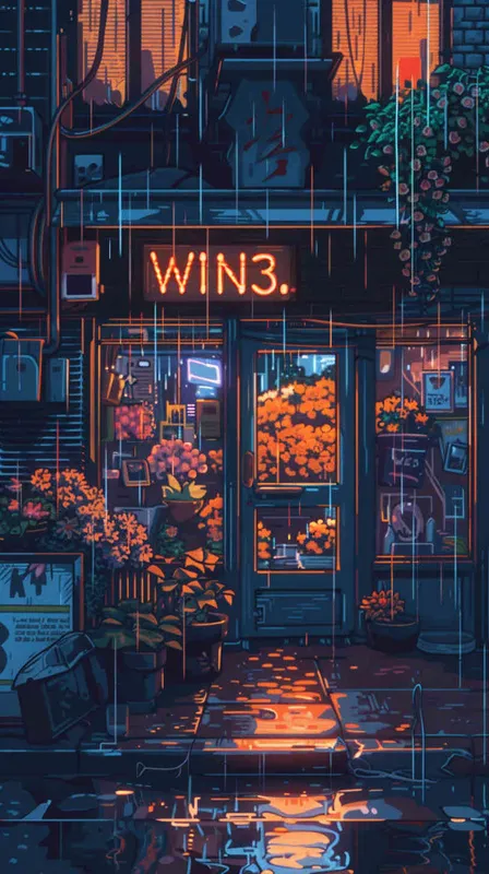 16-bit pixel art, outside of Flower Shop on rainy day,The Flower shop's eye-catching sign reads 