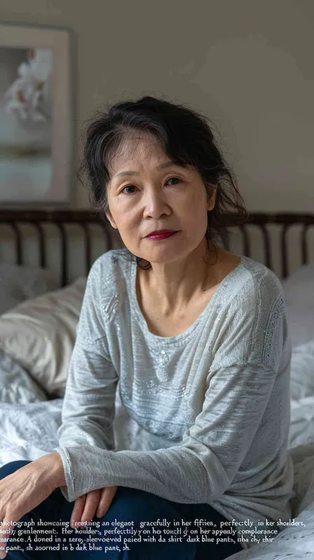 A photo of an Asian woman in her fifties. She had shoulder length hair and was wearing a gray long sleeved shirt and dark blue pants, sitting by the bed watching the camera. Soft lighting displays skin details in high detail, with wrinkles on the skin. This photo has a realistic portrait style. – AI绘画作品展示 | Midjourney中文版生成