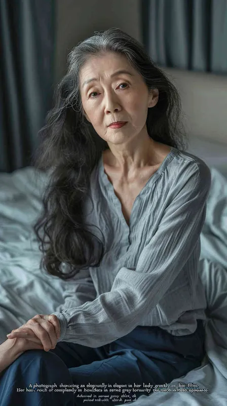 A photo of an Asian woman in her fifties. She had shoulder length hair and was wearing a gray long sleeved shirt and dark blue pants, sitting by the bed watching the camera. Soft lighting displays skin details in high detail, with wrinkles on the skin. This photo has a realistic portrait style. - style2部分
