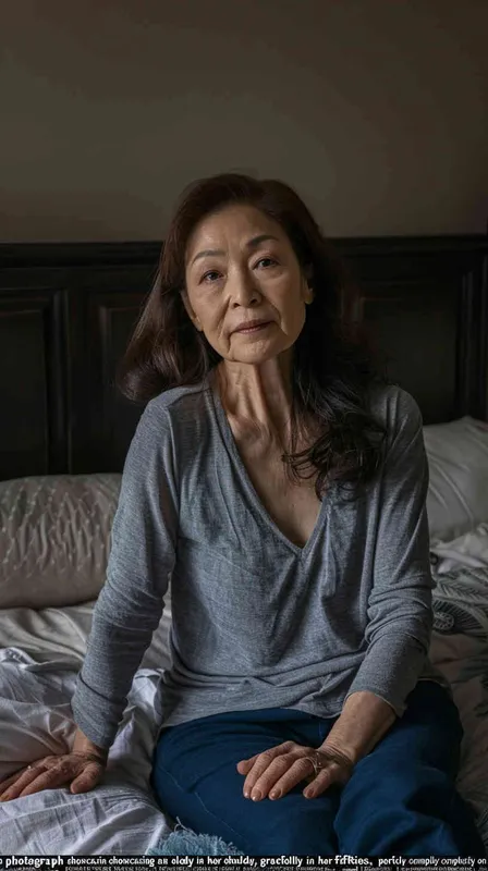 A photo of an Asian woman in her fifties. She had shoulder length hair and was wearing a gray long sleeved shirt and dark blue pants, sitting by the bed watching the camera. Soft lighting displays skin details in high detail, with wrinkles on the skin. This photo has a realistic portrait style. - style3部分