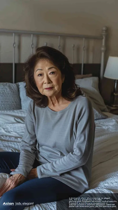 A photo of an Asian woman in her fifties. She had shoulder length hair and was wearing a gray long sleeved shirt and dark blue pants, sitting by the bed watching the camera. Soft lighting displays skin details in high detail, with wrinkles on the skin. This photo has a realistic portrait style. - style4部分