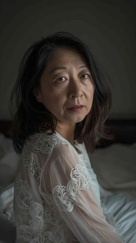 A photo of an Asian woman in her fourties. She had shoulder length hair and was wearing a gray long sleeved shirt and dark blue pants, sitting by the bed watching the camera. Soft lighting displays skin details in high detail, with wrinkles on the skin. This photo has a realistic portrait style.  - style1部分