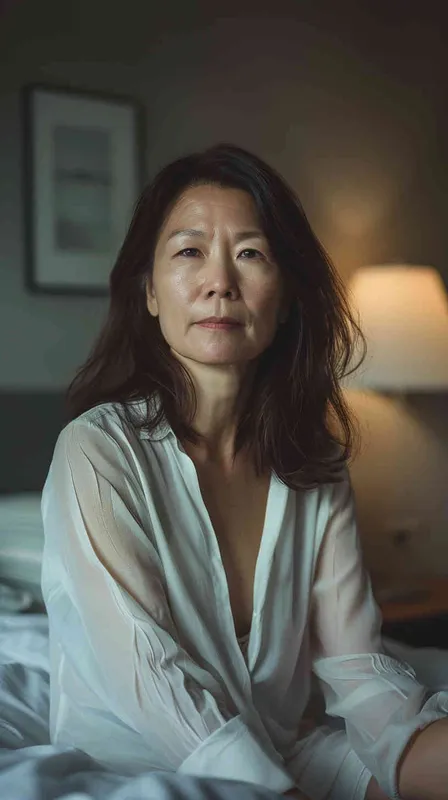 A photo of an Asian woman in her fourties. She had shoulder length hair and was wearing a gray long sleeved shirt and dark blue pants, sitting by the bed watching the camera. Soft lighting displays skin details in high detail, with wrinkles on the skin. This photo has a realistic portrait style.  - style2部分
