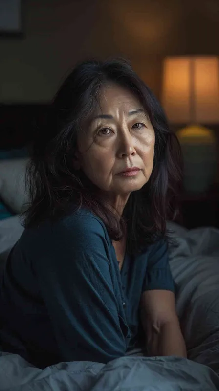 A photo of an Asian woman in her fourties. She had shoulder length hair and was wearing a gray long sleeved shirt and dark blue pants, sitting by the bed watching the camera. Soft lighting displays skin details in high detail, with wrinkles on the skin. This photo has a realistic portrait style.  - style3部分