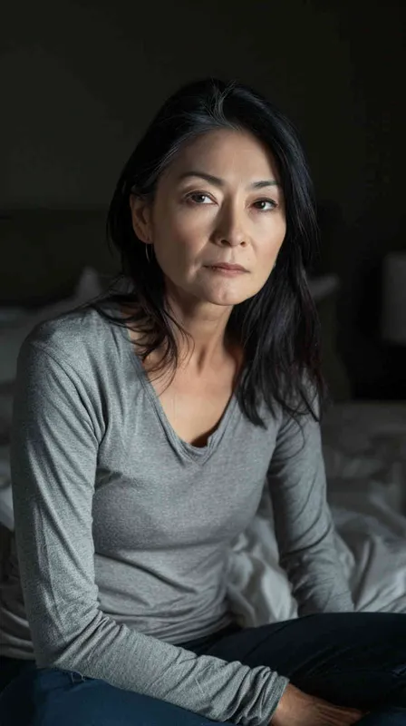A photo of an Asian woman in her late 40s. She had shoulder length hair and was wearing a gray long sleeved shirt and dark blue pants, sitting by the bed watching the camera. Soft lighting displays skin details in high detail, with wrinkles on the skin. With a dark background, this photo has a realistic portrait style. Natural lighting, master photography, Sony portrait lens - AI绘画作品展示 | Midjourney中文版生成