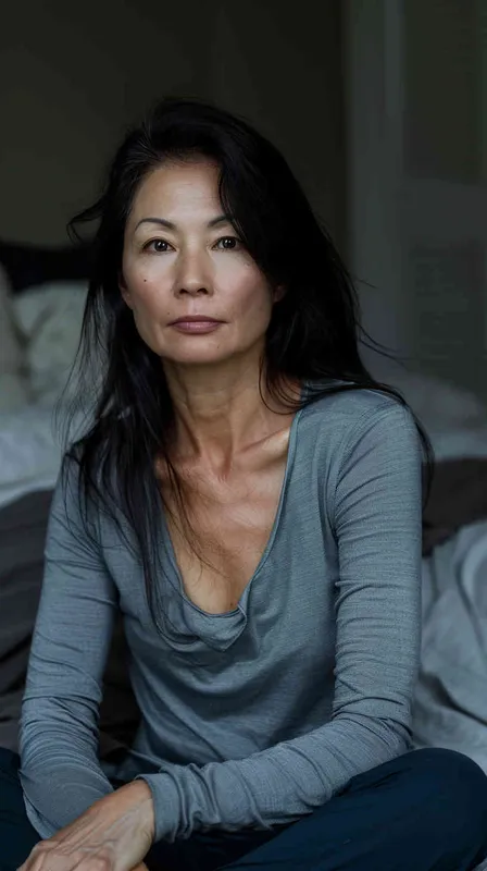 A photo of an Asian woman in her late 40s. She had shoulder length hair and was wearing a gray long sleeved shirt and dark blue pants, sitting by the bed watching the camera. Soft lighting displays skin details in high detail, with wrinkles on the skin. With a dark background, this photo has a realistic portrait style. Natural lighting, master photography, Sony portrait lens - AI绘画作品展示 | Midjourney中文版生成