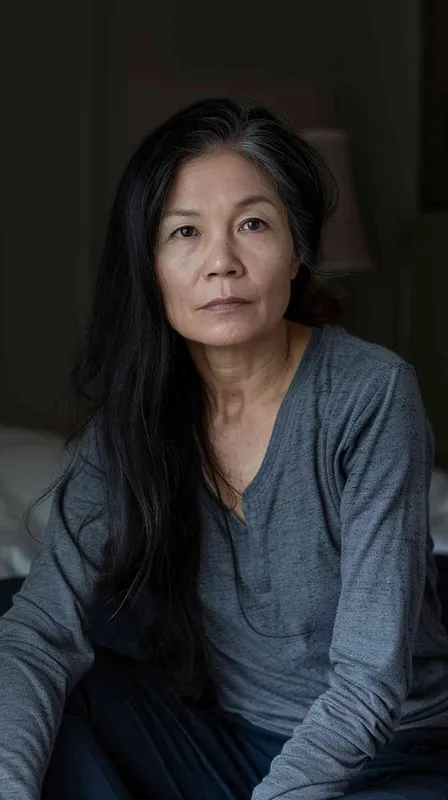 A photo of an Asian woman in her late 40s. She had shoulder length hair and was wearing a gray long sleeved shirt and dark blue pants, sitting by the bed watching the camera. Soft lighting displays skin details in high detail, with wrinkles on the skin. With a dark background, this photo has a realistic portrait style. Natural lighting, master photography, Sony portrait lens - AI绘画作品展示 | Midjourney中文版生成