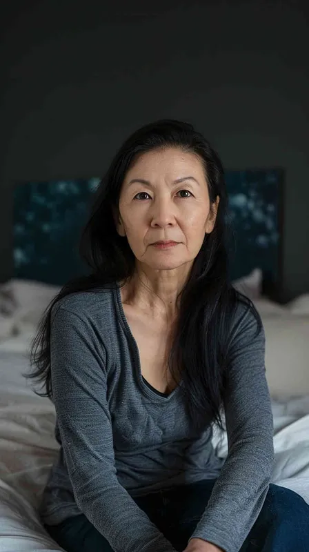 A photo of an Asian woman in her late 40s. She had shoulder length hair and was wearing a gray long sleeved shirt and dark blue pants, sitting by the bed watching the camera. Soft lighting displays skin details in high detail, with wrinkles on the skin. With a dark background, this photo has a realistic portrait style. Natural lighting, master photography, Sony portrait lens - AI绘画作品展示 | Midjourney中文版生成