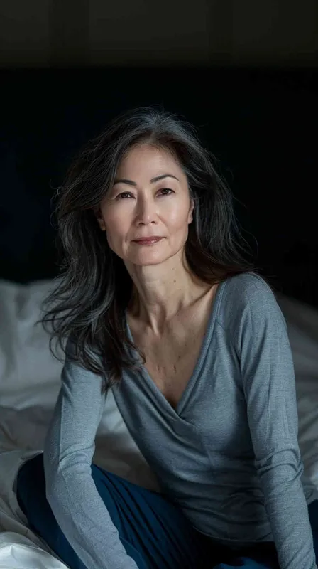 A photo of an Asian intellectual and elegant woman in her late 40s. She had shoulder length hair, wearing a gray long sleeved shirt and dark blue pants, sitting by the bed watching the camera. Her expression was gentle and indifferent, with a faint charming smile. Soft lighting displays skin details in high detail, with wrinkles on the skin. With a dark background, this photo has a realistic portrait style. Natural lighting, master photography, Sony portrait lens - style1部分
