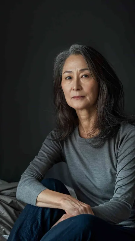 A photo of an Asian intellectual and elegant woman in her late 40s. She had shoulder length hair, wearing a gray long sleeved shirt and dark blue pants, sitting by the bed watching the camera. Her expression was gentle and indifferent, with a faint charming smile. Soft lighting displays skin details in high detail, with wrinkles on the skin. With a dark background, this photo has a realistic portrait style. Natural lighting, master photography, Sony portrait lens - style2部分