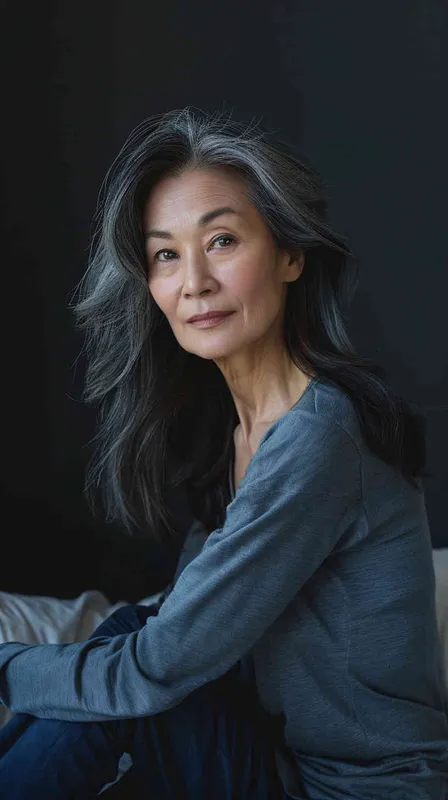 A photo of an Asian intellectual and elegant woman in her late 40s. She had shoulder length hair, wearing a gray long sleeved shirt and dark blue pants, sitting by the bed watching the camera. Her expression was gentle and indifferent, with a faint charming smile. Soft lighting displays skin details in high detail, with wrinkles on the skin. With a dark background, this photo has a realistic portrait style. Natural lighting, master photography, Sony portrait lens - style3部分