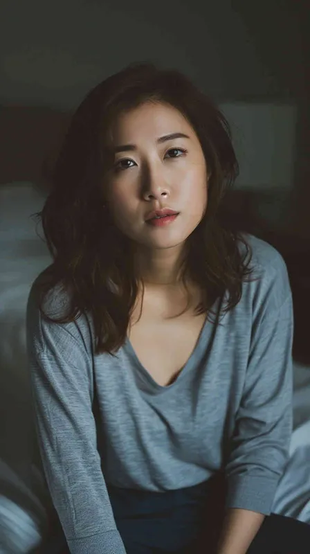 A photo of an Asian intellectual and elegant woman in her late 40s. She had shoulder length hair, wearing a gray long sleeved shirt and dark blue pants, sitting by the bed watching the camera. Her expression was gentle and indifferent, with a faint charming smile. Soft lighting displays skin details in high detail, with wrinkles on the skin. With a dark background, this photo has a realistic portrait style. Natural lighting, master photography, Sony portrait lens - style4部分