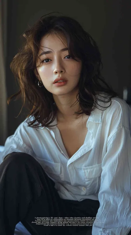 A photo of a 35 year old Asian intellectual and elegant woman. She had shoulder length hair, wearing a white casual shirt and dark black pants, sitting by the bed watching the camera. Her expression was gentle and indifferent, with a faint charming smile. Soft lighting displays skin details in high detail, with wrinkles on the skin. With a dark background, this photo has a realistic portrait style. Natural lighting, master photography, Sony portrait lens - style1部分