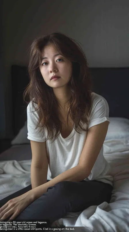A photo of a 35 year old Asian intellectual and elegant woman. She had shoulder length hair, wearing a white casual shirt and dark black pants, sitting by the bed watching the camera. Her expression was gentle and indifferent, with a faint charming smile. Soft lighting displays skin details in high detail, with wrinkles on the skin. With a dark background, this photo has a realistic portrait style. Natural lighting, master photography, Sony portrait lens - style2部分