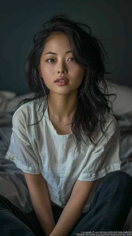 A photo of a 35 year old Asian intellectual and elegant woman. She had shoulder length hair, wearing a white casual shirt and dark black pants, sitting by the bed watching the camera. Her expression was gentle and indifferent, with a faint charming smile. Soft lighting displays skin details in high detail, with wrinkles on the skin. With a dark background, this photo has a realistic portrait style. Natural lighting, master photography, Sony portrait lens - style3部分