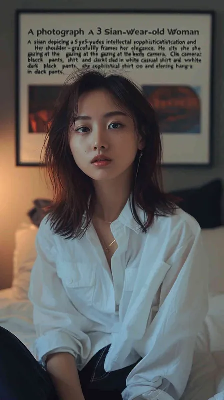 A photo of a 35 year old Asian intellectual and elegant woman. She had shoulder length hair, wearing a white casual shirt and dark black pants, sitting by the bed watching the camera. Her expression was gentle and indifferent, with a faint charming smile. Soft lighting displays skin details in high detail, with wrinkles on the skin. With a dark background, this photo has a realistic portrait style. Natural lighting, master photography, Sony portrait lens - style4部分