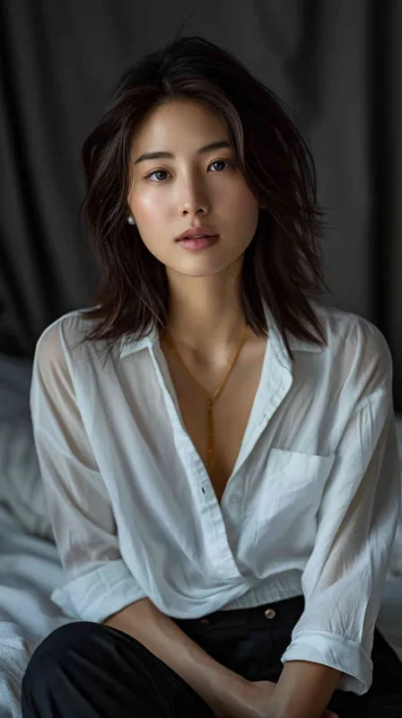 A photo of a 35 year old Asian intellectual and elegant woman. She had shoulder length hair, wearing a white casual shirt and dark black pants, sitting by the bed watching the camera. Her expression was gentle and indifferent, with a faint charming smile. Soft lighting displays skin details in high detail, with wrinkles on the skin. The dark and concise background gives this photo a realistic portrait style. Natural lighting, master photography, Sony portrait lens – AI绘画作品展示 | Midjourney中文版生成
