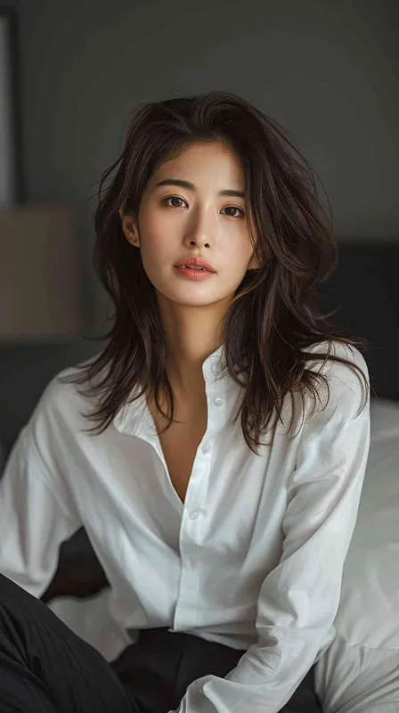 A photo of a 35 year old Asian intellectual and elegant woman. She had shoulder length hair, wearing a white casual shirt and dark black pants, sitting by the bed watching the camera. Her expression was gentle and indifferent, with a faint charming smile. Soft lighting displays skin details in high detail, with wrinkles on the skin. The dark and concise background gives this photo a realistic portrait style. Natural lighting, master photography, Sony portrait lens - style2部分