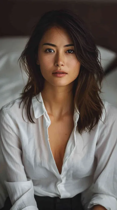 A photo of a 35 year old Asian intellectual and elegant woman. She had shoulder length hair, wearing a white casual shirt and dark black pants, sitting by the bed watching the camera. Her expression was gentle and indifferent, with a faint charming smile. Soft lighting displays skin details in high detail, with wrinkles on the skin. The dark and concise background gives this photo a realistic portrait style. Natural lighting, master photography, Sony portrait lens - style3部分