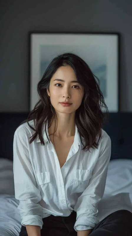 A photo of a 35 year old Asian intellectual and elegant woman. She had shoulder length hair, wearing a white casual shirt and dark black pants, sitting by the bed watching the camera. Her expression was gentle and indifferent, with a faint charming smile. Soft lighting displays skin details in high detail, with wrinkles on the skin. The dark and concise background gives this photo a realistic portrait style. Natural lighting, master photography, Sony portrait lens - style4部分