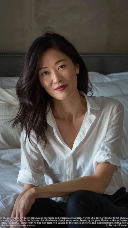 A photo of a 40 year old Asian intellectual and elegant woman. She had shoulder length hair, wearing a white casual shirt and dark black pants, sitting by the bed watching the camera. Her expression was gentle and indifferent, with a faint charming smile. Soft lighting displays skin details in high detail, with wrinkles on the skin. The dark and concise background gives this photo a realistic portrait style. Natural lighting, master photography, Sony portrait lens - style2部分