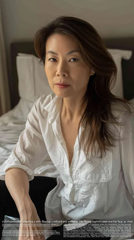 A photo of a 40 year old Asian intellectual and elegant woman. She had shoulder length hair, wearing a white casual shirt and dark black pants, sitting by the bed watching the camera. Her expression was gentle and indifferent, with a faint charming smile. Soft lighting displays skin details in high detail, with wrinkles on the skin. The dark and concise background gives this photo a realistic portrait style. Natural lighting, master photography, Sony portrait lens - style3部分
