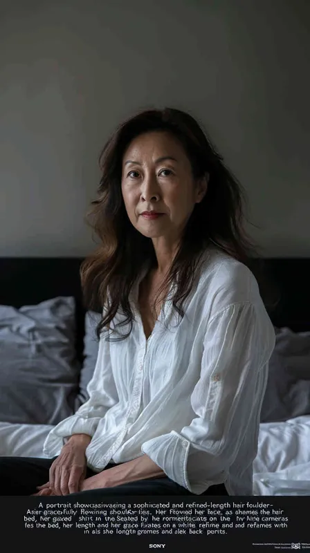A photo of a 40 year old Asian intellectual and elegant woman. She had shoulder length hair, wearing a white casual shirt and dark black pants, sitting by the bed watching the camera. Her expression was gentle and indifferent, with a faint charming smile. Soft lighting displays skin details in high detail, with wrinkles on the skin. The dark and concise background gives this photo a realistic portrait style. Natural lighting, master photography, Sony portrait lens - style4部分
