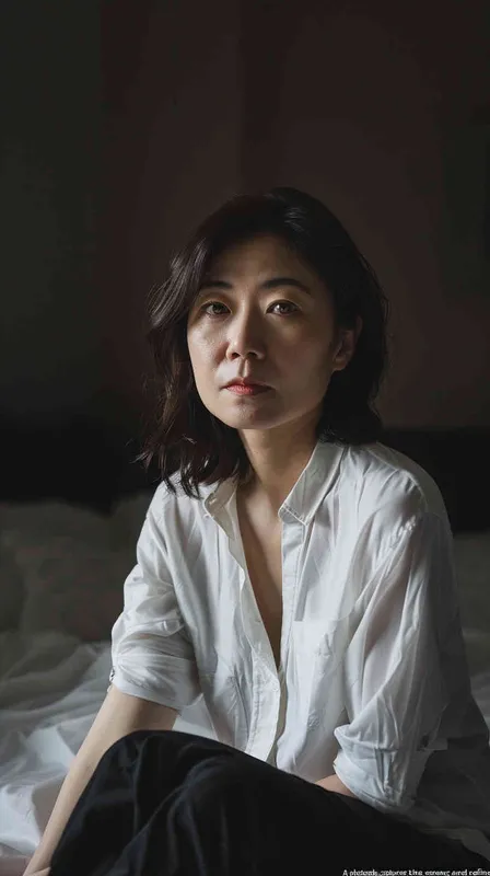 A photograph capturing the essence of a 38-year-old Asian woman of intellectual and elegant demeanor. Her shoulder-length hair gracefully frames her features, while she adorns a white casual shirt and sleek black pants, seated by the bedside, gazing at the camera. Her expression exudes both gentleness and indifference, complemented by a subtle and enchanting smile. The skillful use of soft lighting accentuates every intricate detail of her skin, even revealing the delicate presence of wrinkles. The dark and minimalistic backdrop masterfully enhances the realistic portrait style of this image. Crafted through the artistry of natural lighting and the expert lens of a Sony portrait photographer Full Length Shot(FLS),Front view --ar 9:16 --v 6.0 --s 250 (fast) - style1部分