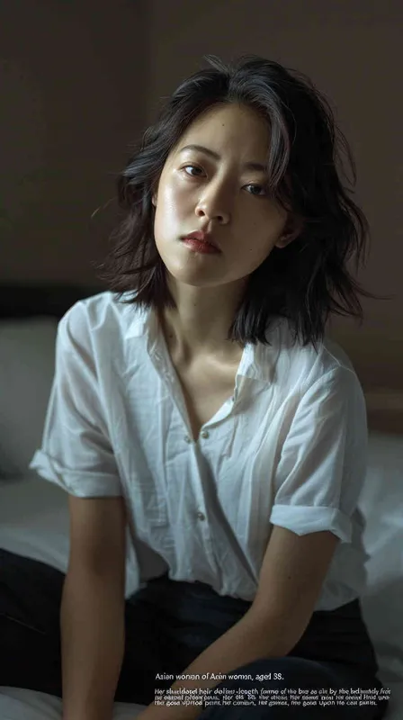 A photograph capturing the essence of a 38-year-old Asian woman of intellectual and elegant demeanor. Her shoulder-length hair gracefully frames her features, while she adorns a white casual shirt and sleek black pants, seated by the bedside, gazing at the camera. Her expression exudes both gentleness and indifference, complemented by a subtle and enchanting smile. The skillful use of soft lighting accentuates every intricate detail of her skin, even revealing the delicate presence of wrinkles. The dark and minimalistic backdrop masterfully enhances the realistic portrait style of this image. Crafted through the artistry of natural lighting and the expert lens of a Sony portrait photographer Full Length Shot(FLS),Front view --ar 9:16 --v 6.0 --s 250 (fast) - style2部分