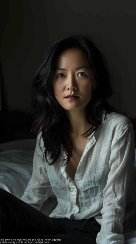 A photograph capturing the essence of a 38-year-old Asian woman of intellectual and elegant demeanor. Her shoulder-length hair gracefully frames her features, while she adorns a white casual shirt and sleek black pants, seated by the bedside, gazing at the camera. Her expression exudes both gentleness and indifference, complemented by a subtle and enchanting smile. The skillful use of soft lighting accentuates every intricate detail of her skin, even revealing the delicate presence of wrinkles. The dark and minimalistic backdrop masterfully enhances the realistic portrait style of this image. Crafted through the artistry of natural lighting and the expert lens of a Sony portrait photographer Full Length Shot(FLS),Front view --ar 9:16 --v 6.0 --s 250 (fast) - style3部分