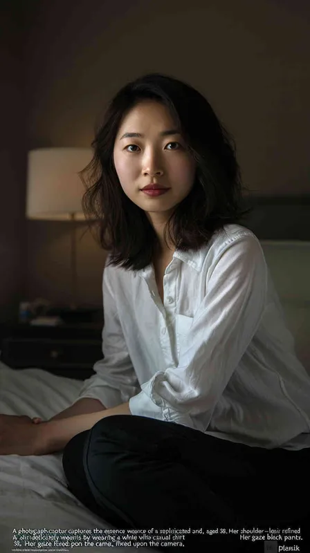 A photograph capturing the essence of a 38-year-old Asian woman of intellectual and elegant demeanor. Her shoulder-length hair gracefully frames her features, while she adorns a white casual shirt and sleek black pants, seated by the bedside, gazing at the camera. Her expression exudes both gentleness and indifference, complemented by a subtle and enchanting smile. The skillful use of soft lighting accentuates every intricate detail of her skin, even revealing the delicate presence of wrinkles. The dark and minimalistic backdrop masterfully enhances the realistic portrait style of this image. Crafted through the artistry of natural lighting and the expert lens of a Sony portrait photographer Full Length Shot(FLS),Front view --ar 9:16 --v 6.0 --s 250 (fast) - style4部分