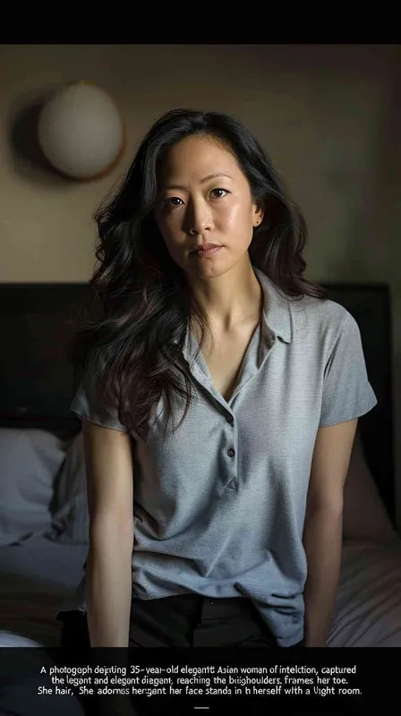 A full body photo of a 35 year old Asian intellectual and elegant woman. She had shoulder length hair, wearing a light gray casual shirt and dark black pants, standing in the bedroom looking at the camera with a gentle and indifferent expression, with a faint charming smile. Soft lighting displays skin details in high detail, with wrinkles on the skin. The dark and concise background gives this photo a realistic portrait style. Natural lighting, master photography, Sony portrait lens – AI绘画作品展示 | Midjourney中文版生成