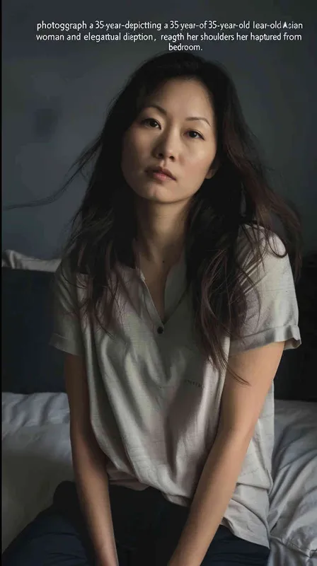 A full body photo of a 35 year old Asian intellectual and elegant woman. She had shoulder length hair, wearing a light gray casual shirt and dark black pants, standing in the bedroom looking at the camera with a gentle and indifferent expression, with a faint charming smile. Soft lighting displays skin details in high detail, with wrinkles on the skin. The dark and concise background gives this photo a realistic portrait style. Natural lighting, master photography, Sony portrait lens - style2部分